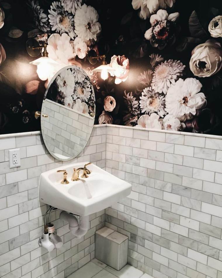 bathroom white tiling idea round mirror floral wallpaper