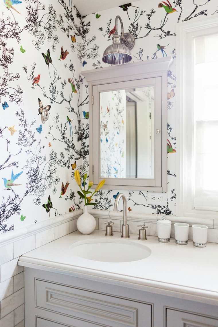 bathroom wallpaper birds flowers mirror frame idea