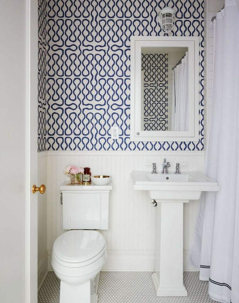 blue and white wallpaper mirror frame toilet design idea