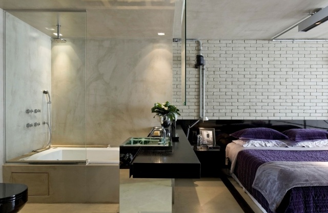 wallpaper-brick-bedroom-bed-white-bedding-lilac wallpaper