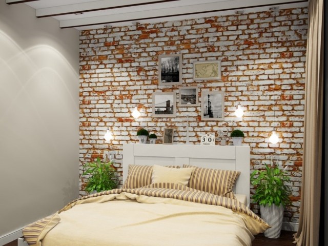 wallpaper-brick-room-bedroom brick-white-brown-beige-striped bedding,