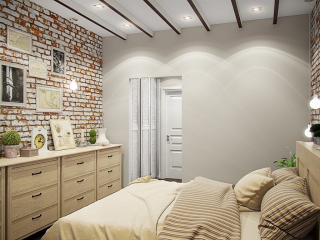 wallpaper-brick-bedroom-bed-moblier-wood-white-bedding-beige wallpaper