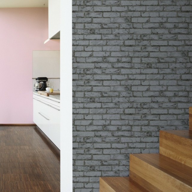 wallpaper gray brick hallway kitchen pink idea wooden staircase