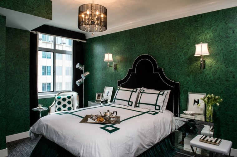 black headboard wallpaper bedroom green design