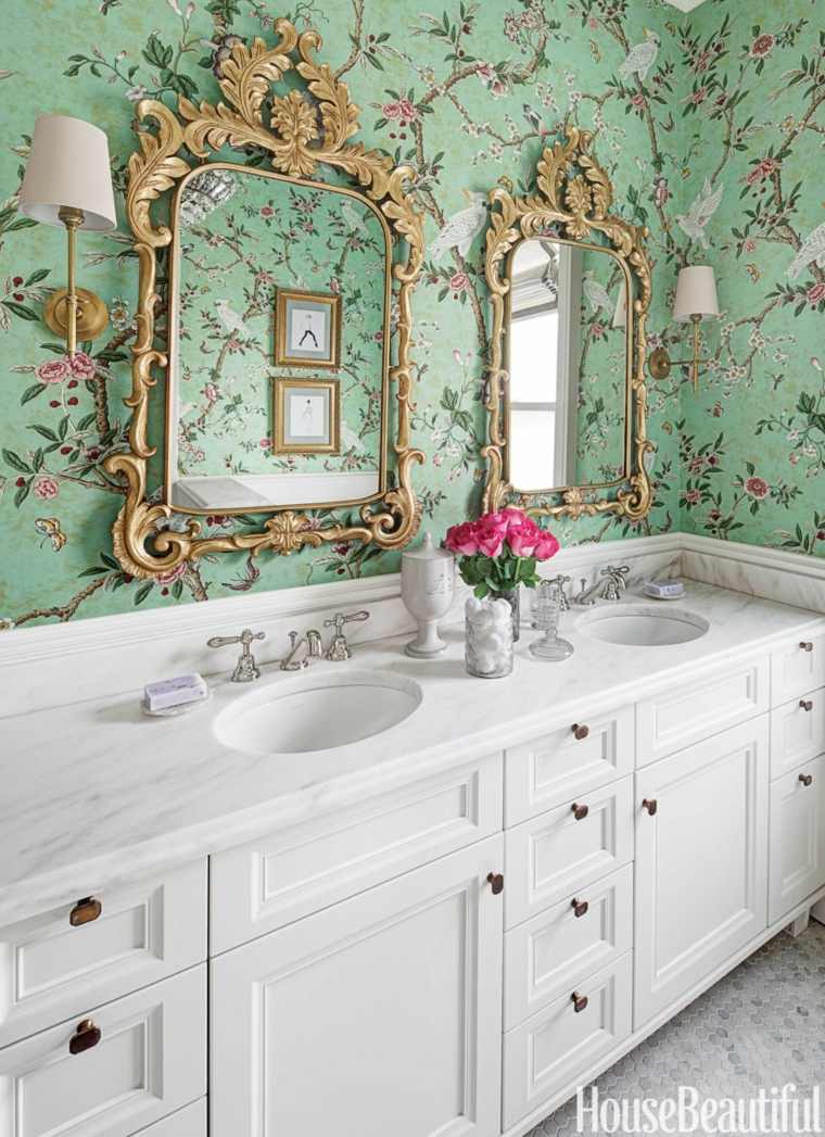 wallpaper art deco idea mirror frame golden sink flowers bouquet