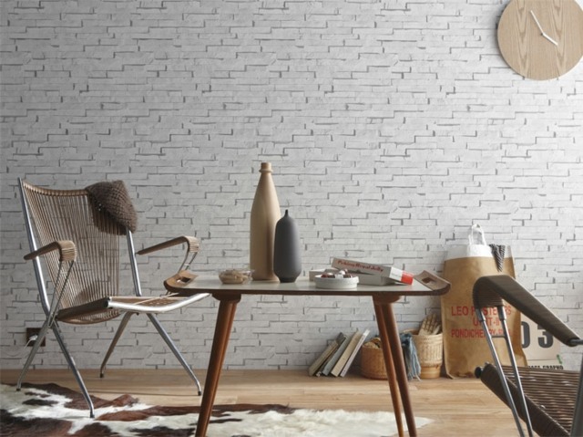 white brick wallpaper wooden table wooden chair floor mat