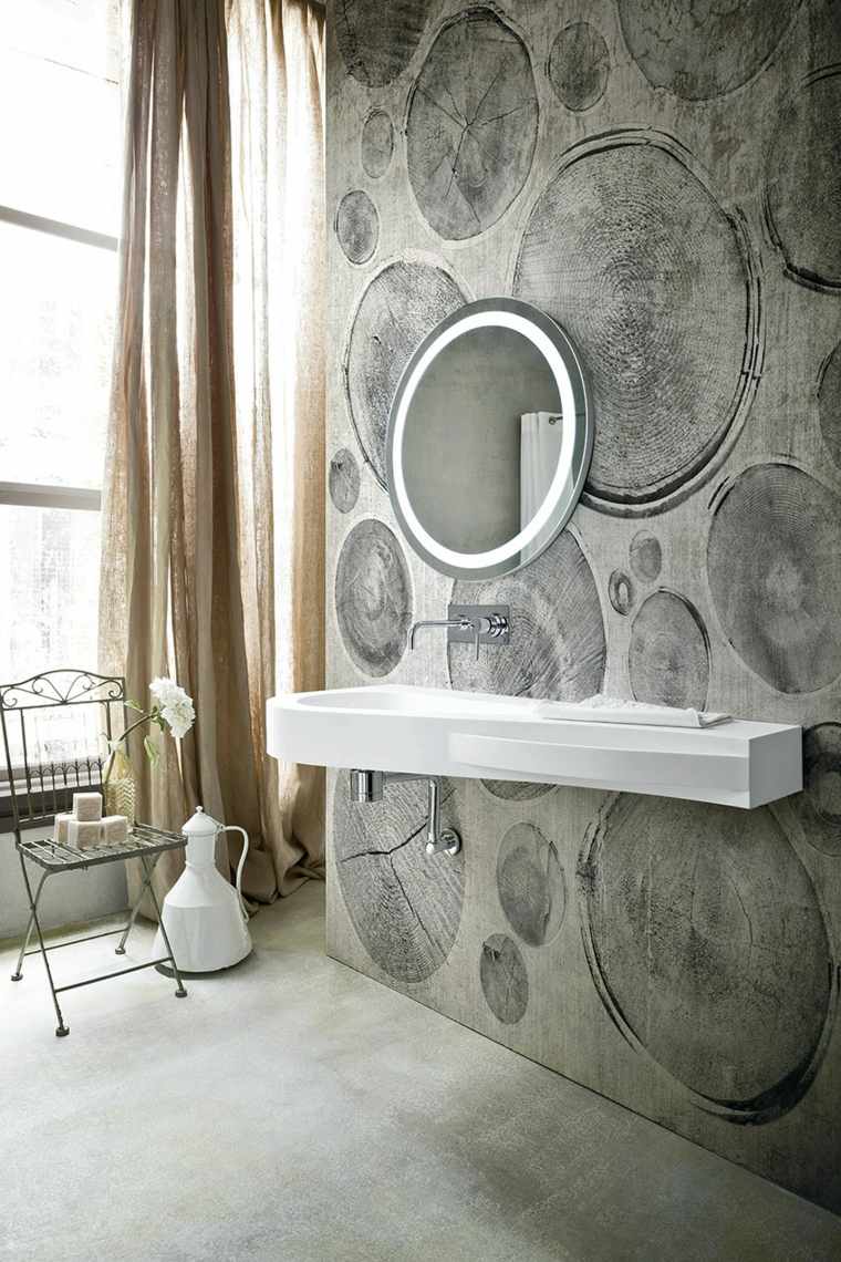 bathroom wallpaper round mirror idea lighting integrated chair deco flowers