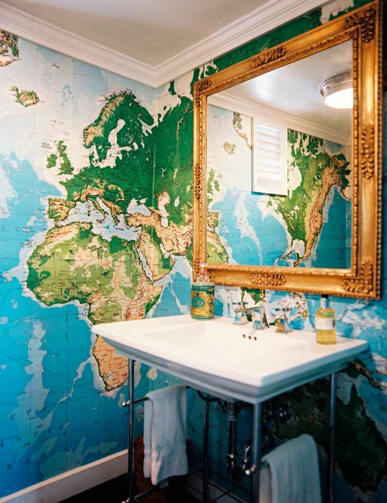 bathroom wallpaper idea mirror frame golden sink deco