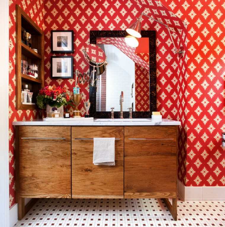 bathroom red wallpaper white furniture wood mirror frame fixture