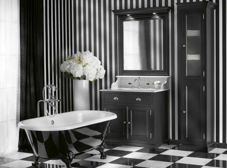 black bathroom design white deco flowers modern tile wallpaper