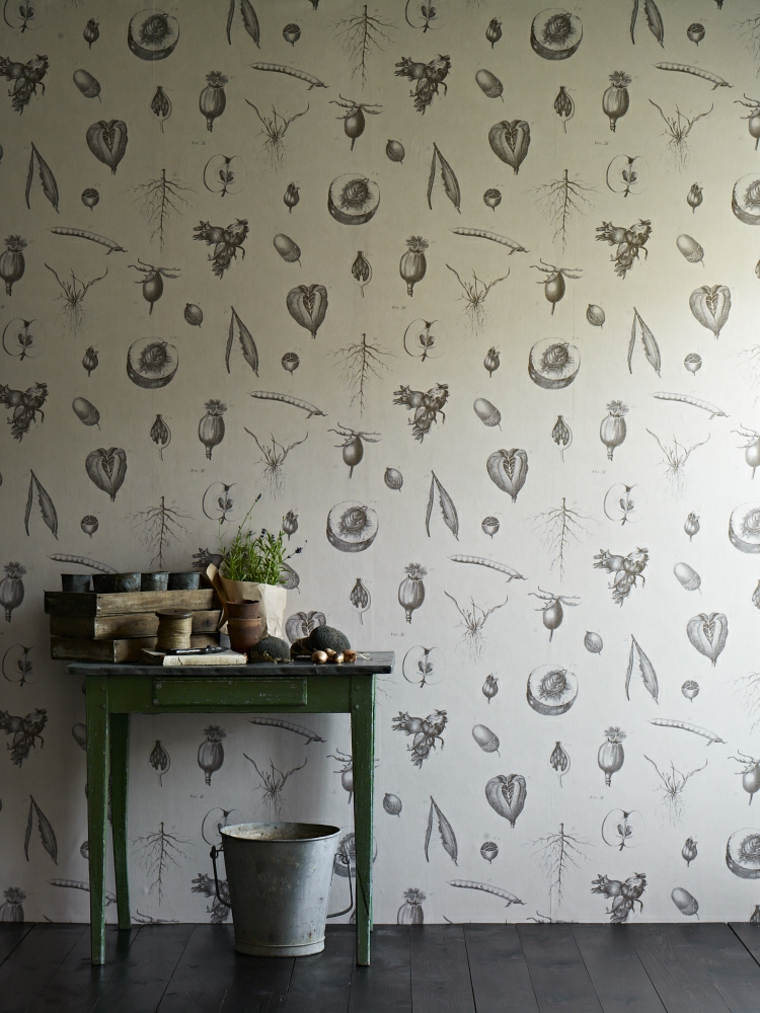 arrange kitchen idea black and white wallpaper wooden table