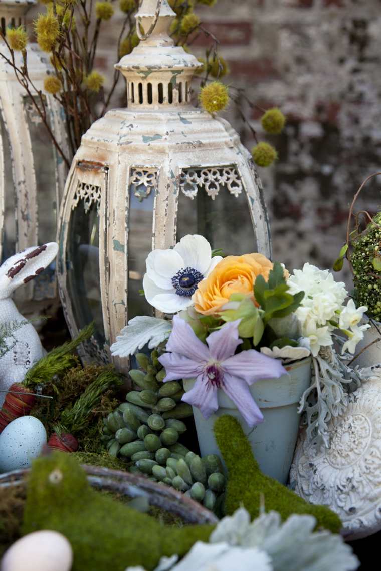 påsk deco bord objekt vintage blommor bukett vas