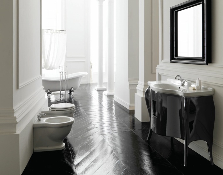 old bathroom black and white parquet wood sink mirror