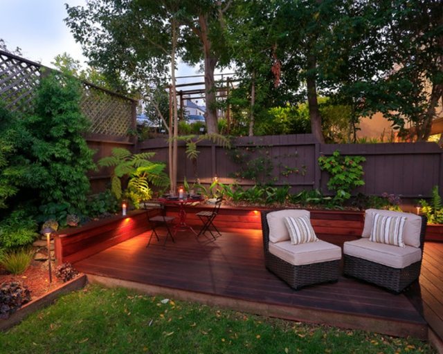 landscaped wood patio design