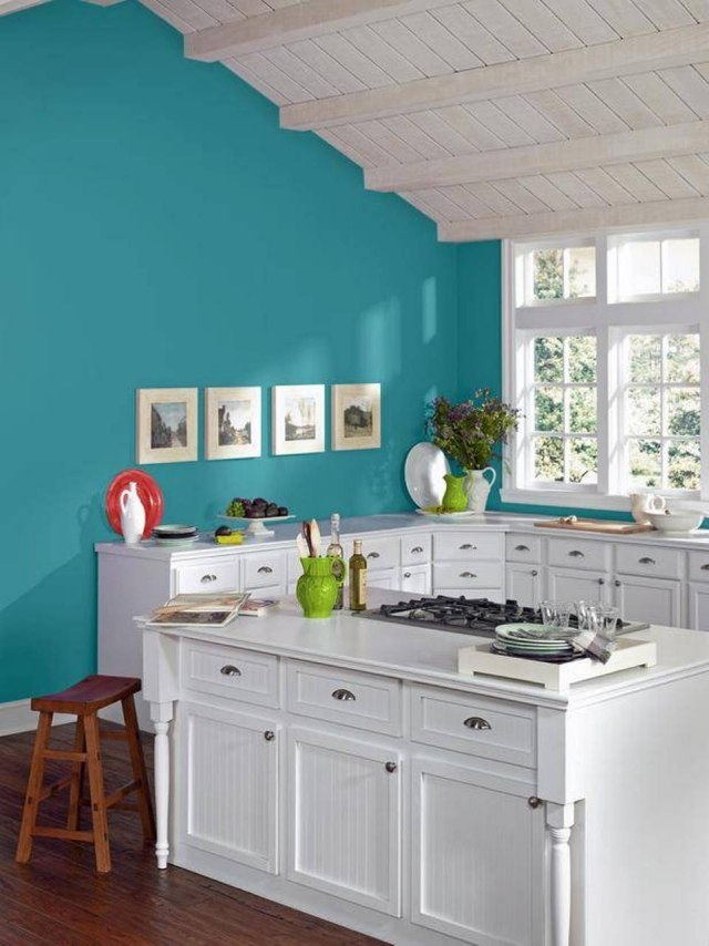 turquoise kitchen cabinets-white paint