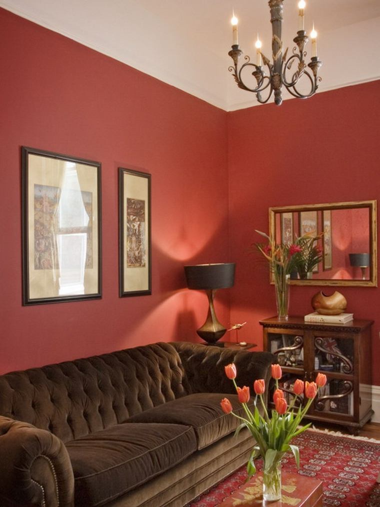 red modern living room painting