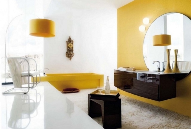 painting-room-bathroom-walls-two-colors-yellow-white-furniture-wood-dark