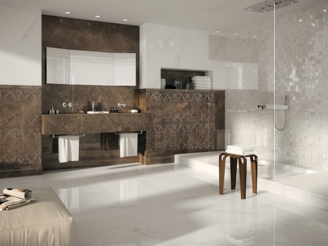 painting-room-bathroom-walls-two colors, white and brown tiles
