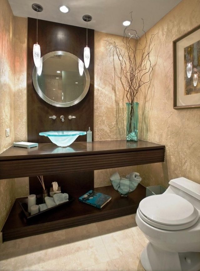 painting-bathroom-small-walls-cappuccino-furniture-wood-dark-mirror-round painting bathroom