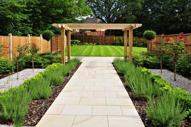 idea garden pergola garden path white stone deco plant shrub tree