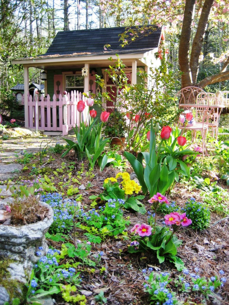 garden shelter idea wood grate pink chair metal flowers garden idea outdoor landscaping