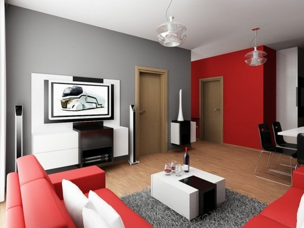 small gray red living room