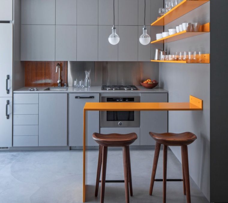 small kitchen model with bar furniture stool decoration worktop gray color