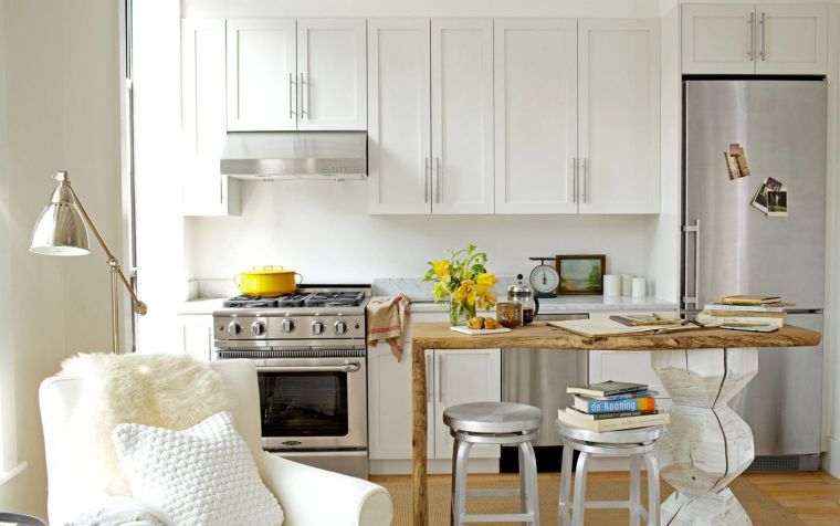 small kitchen with center island wood bar color white paint wood flooring deco