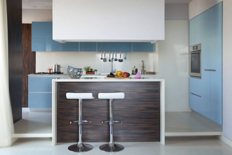 small kitchen with central island wood furniture blue deco modern style