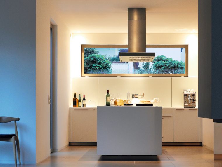 small kitchen with central island white furniture design lighting LED metal hood