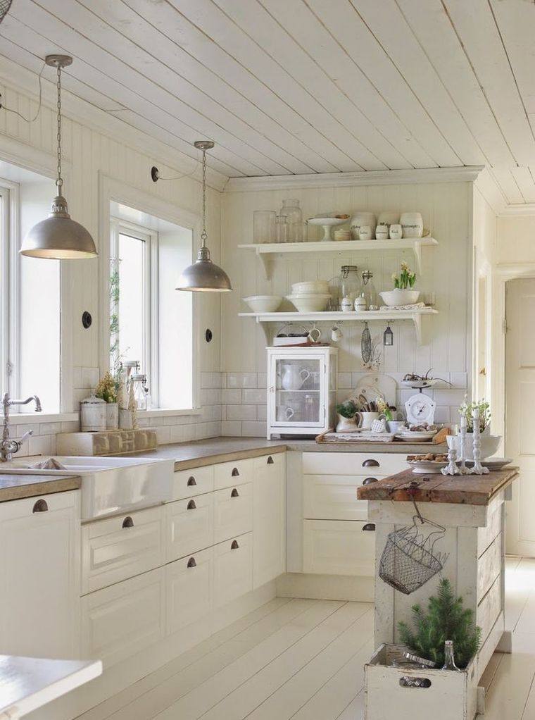 small kitchen islet central decoration of white kitchen and wood storage racks