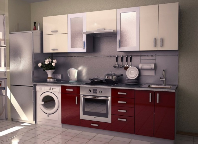 rød kjøkken sentral øy ide klesskap vaskemaskin