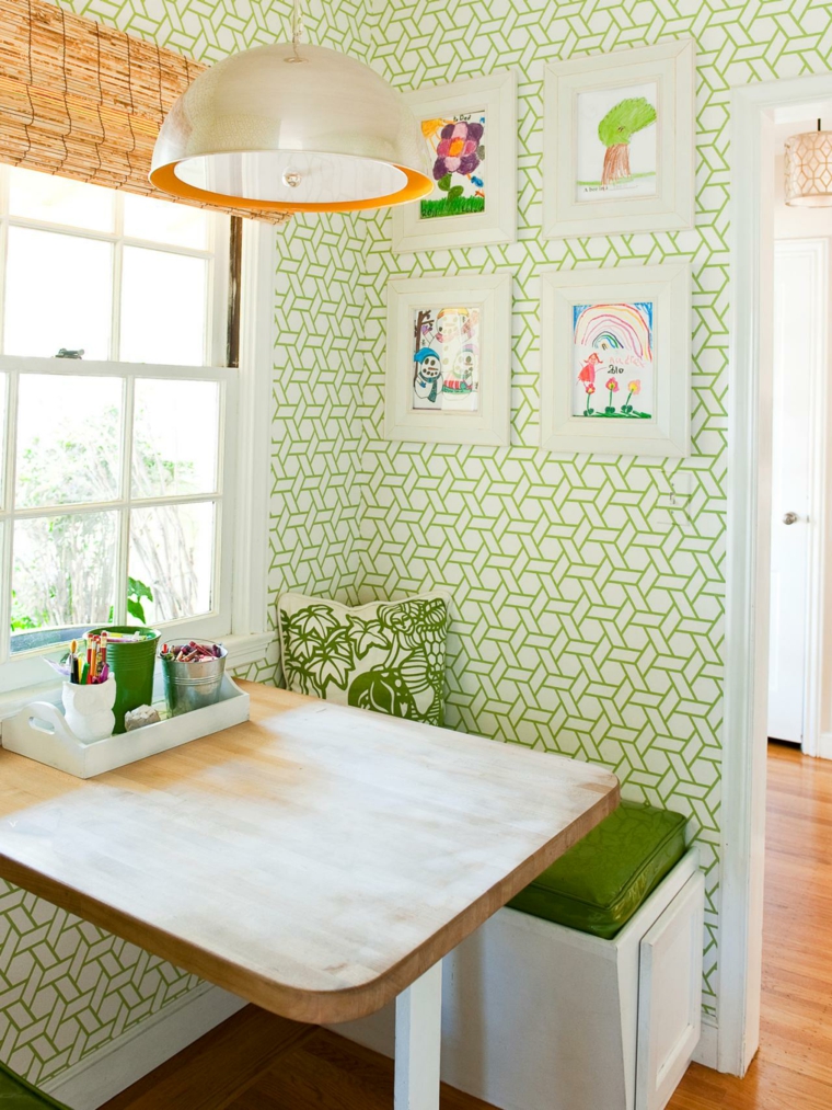 wallpaper kitchen idea wall deco wooden table cushion