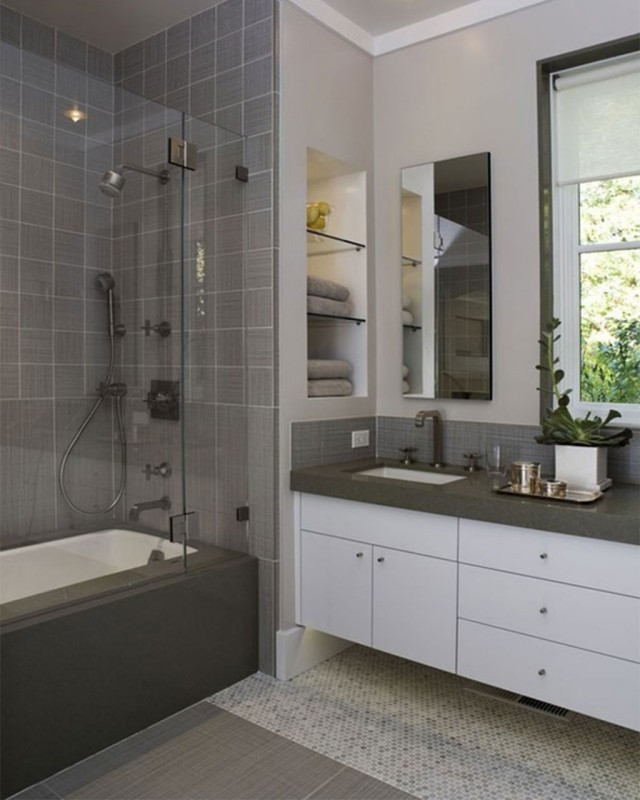 small gray bathroom combined-shower-recessed