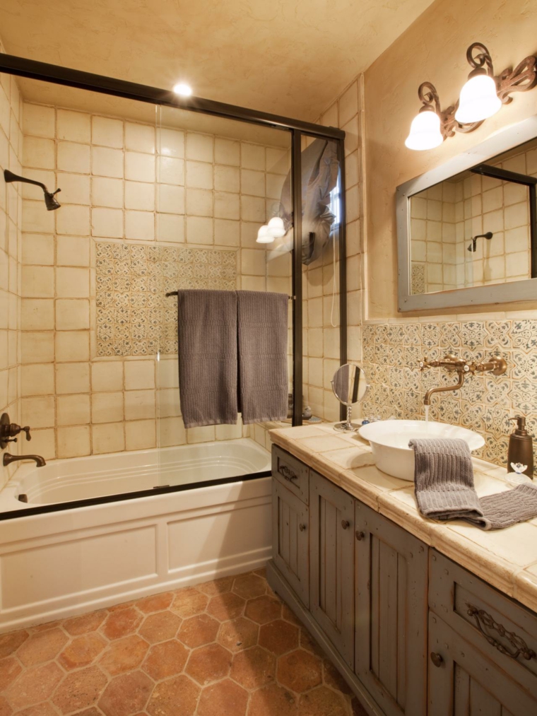 bathroom beige design bathtub sink cabinet retro mirror