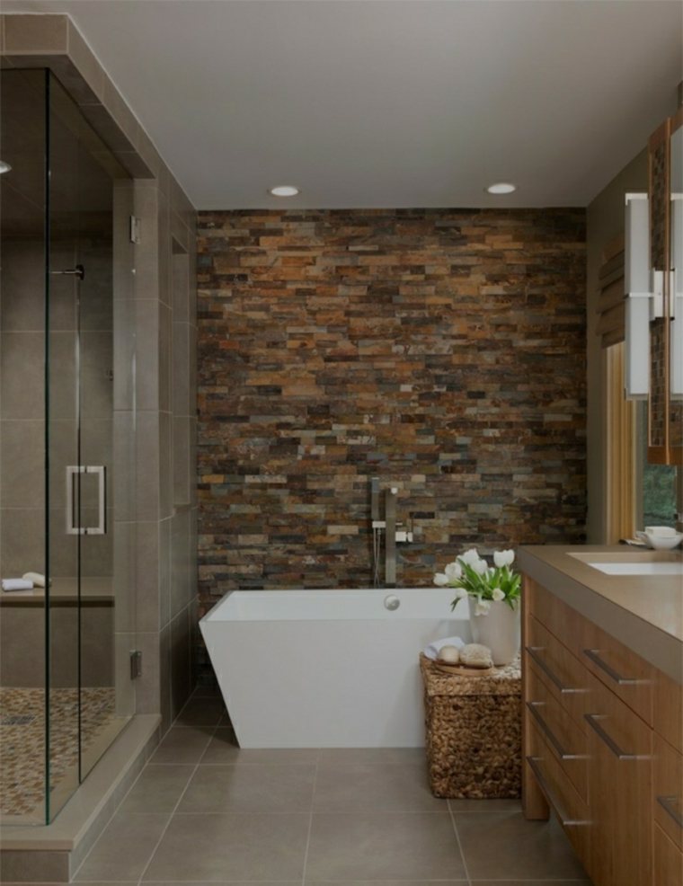 bathroom trend modern wall briquettes stone bathtub idea landscaping flowers