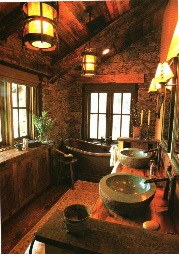 rustic bathroom stone wood lighting ideas