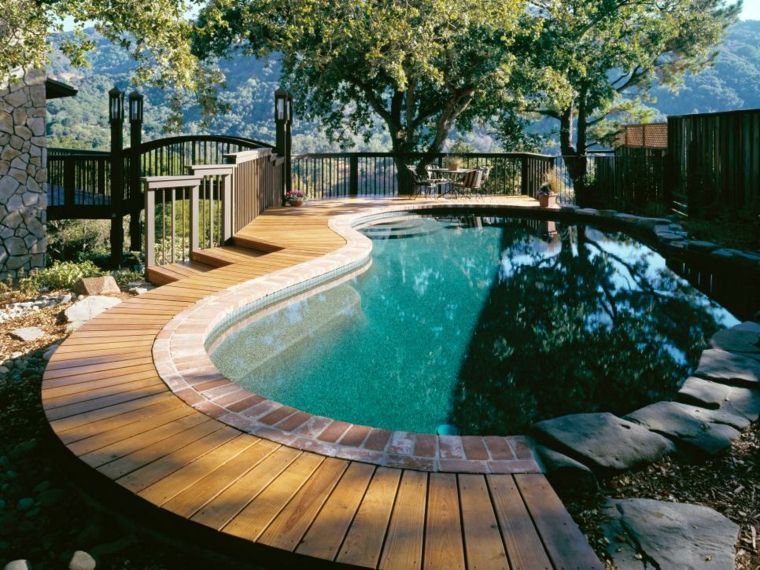 surrounding pool wood tiling idea garden