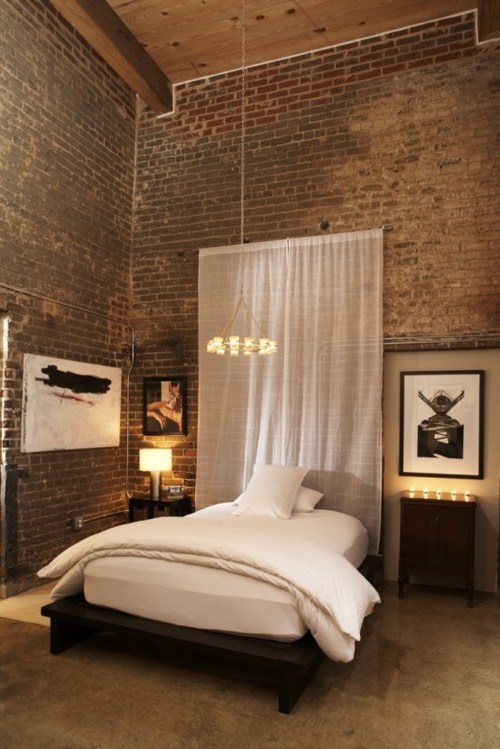 wood ceiling walls bricks small bed bedroom design