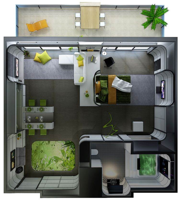 plan lägenhet studio-3d-balkong-modern-design