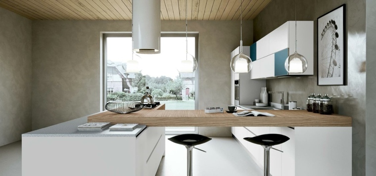 white kitchen countertop with stones and wood