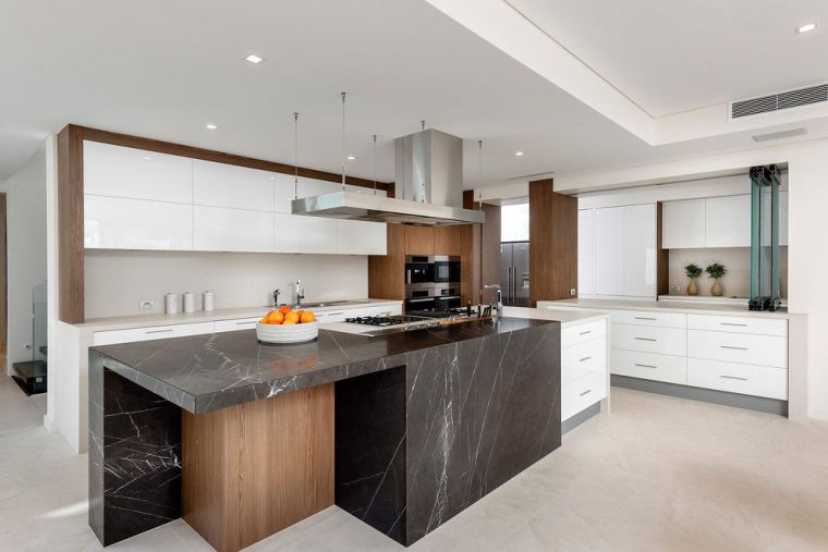 worktop central island wood black marble kitchen