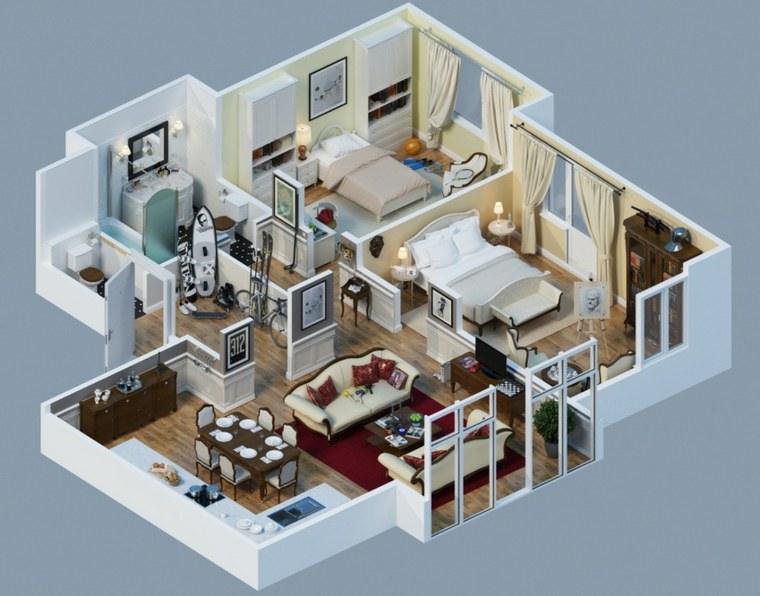 3d Apartment House Plan 2 Rooms In 60 Examples A Spicy Boy