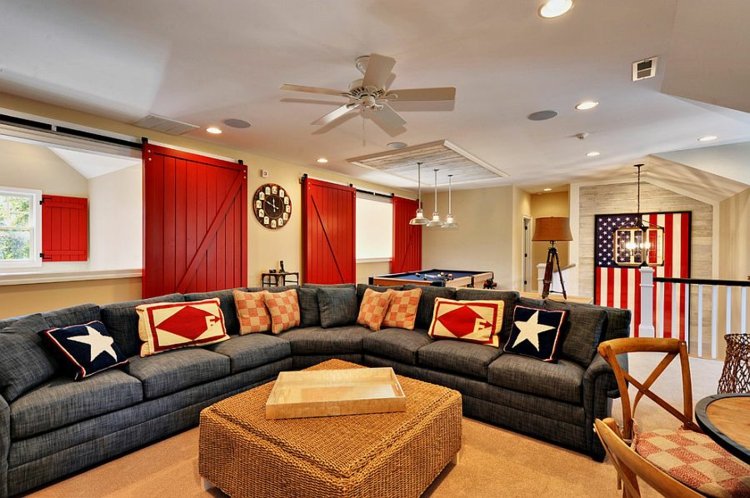 sliding door wood living room red gray