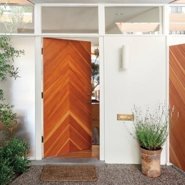 门'entrée chevron design extérieur panneau bois idée