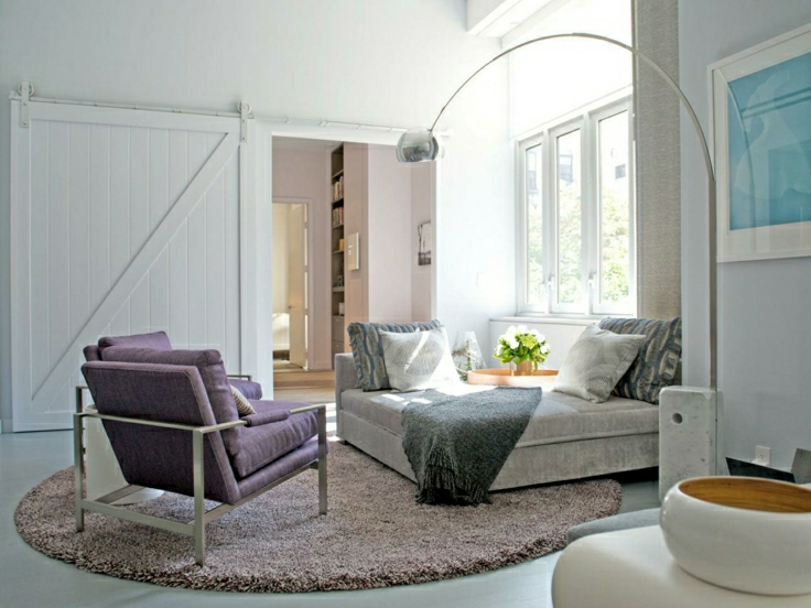 idea bedroom living room separation sliding door white wood floor mat fluffy