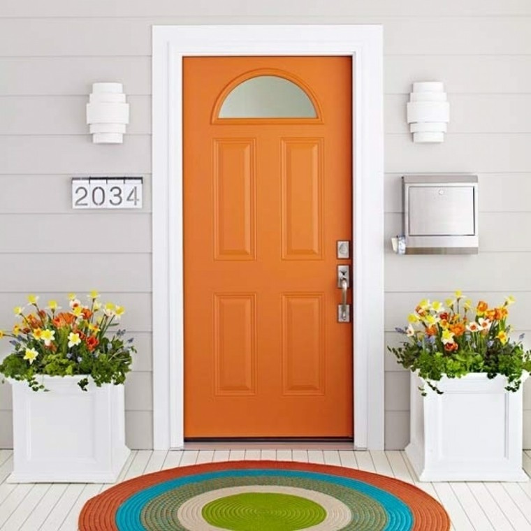 deco white wooden door outdoor flowers