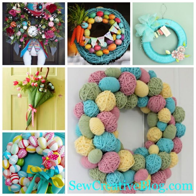 deco door outside spring flowers crowns easter eggs