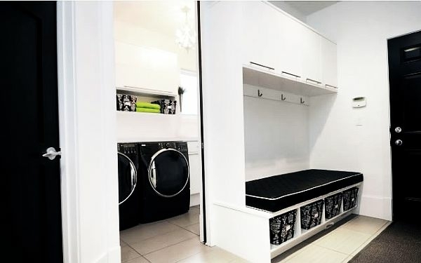 black white laundry storage