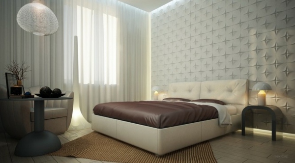 white bedroom wall patterned lining